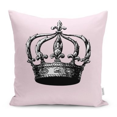 Pembe Zemin Siyah Beyaz Taç Tasarımlı Yastık Kırlent Kılıfı