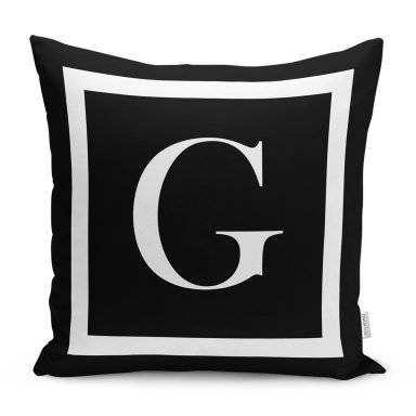 Siyah Zemin Beyaz Çerçeveli G Harfi Dijital Baskılı Kırlent Kılıfı