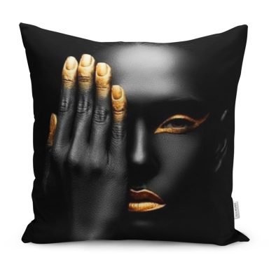 Gold Detaylı Siyahi Kadın Tasarımlı Dekoratif Yastık Kırlent Kılıfı