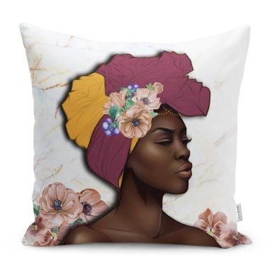 Gül Tasarımlı Siyahi Kadın Motifli Modern Yastık Kırlent Kılıfı