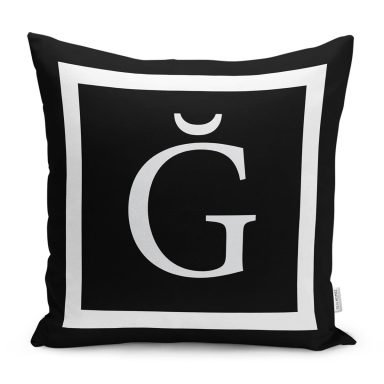 Siyah Zemin Beyaz Çerçeveli Ğ Harfi Dijital Baskılı Kırlent Kılıfı