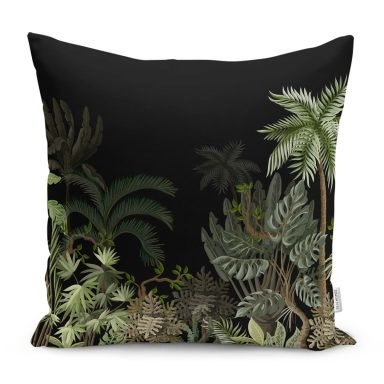 Siyah Zemin Tropik Orman Temalı Dekoratif Yastık Kırlent Kılıfı