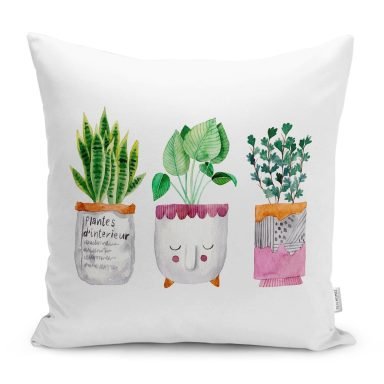 Vazo Temalı Tropik Yaprak Motifli Modern Yastık Kırlent Kılıfı