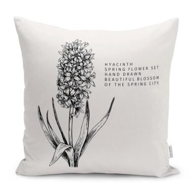 Karakalem Çiçek Çizimli Yazılı Modern Yastık Kırlent Kılıfı