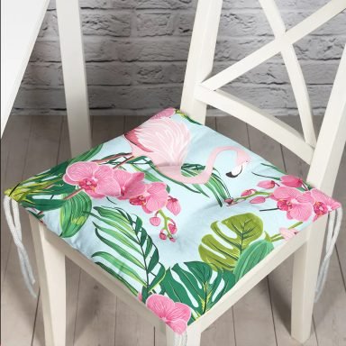 Renkli Tropik Yaprak Flamingo Motifli Pofidik Sandalye Minderi