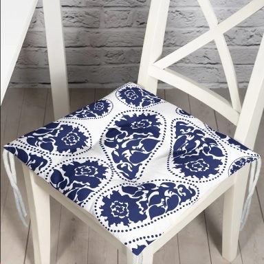 Mavi Çini Motifli Gül Tasarımlı Pofidik Sandalye Minderi