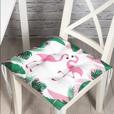 Tropik Yaprak Flamingo Özel Tasarımlı Dijital Baskılı Pofidik Sandalye Minderi