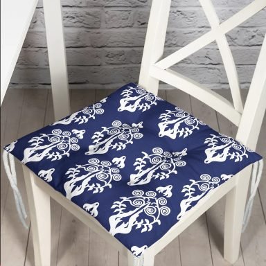 Lacivert Zemin Beyaz Damask Tasarımlı Pofidik Sandalye Minderi