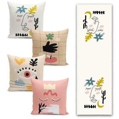 Realhomes 4+1 Özel Tasarım Dijital Baskılı Runner & Kırlent Kılıfı Seti