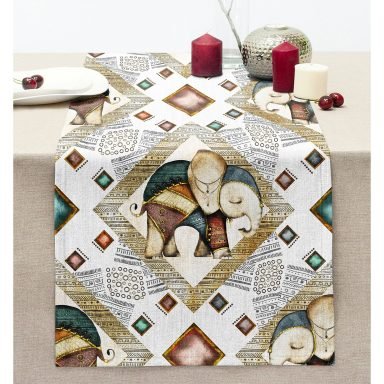 Etnik Motifli Fil Tasarımlı Dijital Baskılı Dikişli Şönil Runner