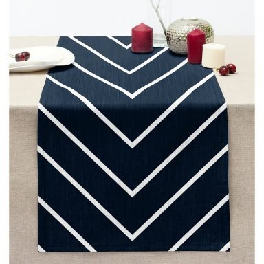 Lacivert Beyaz Çizgili Tasarım Dekoratif Dikişli Şönil Runner