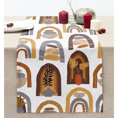 Etnik Soyut Tasarımlı Dijital Baskılı Dikişli Şönil Runner