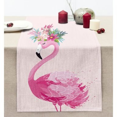 Pembe Flamingo Motifli Dijital Baskılı Dikişli Şönil Runner