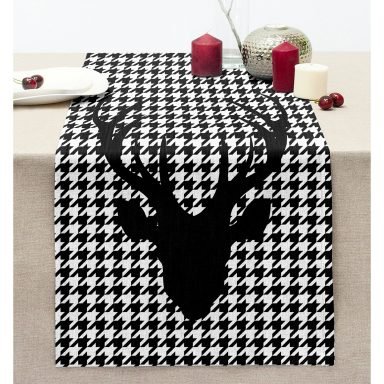 Kazayağı Zemin Geyik Tasarımlı Dekoratif Dikişli Şönil Runner