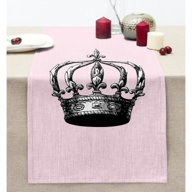 Pembe Zemin Siyah Beyaz Taç Tasarımlı Dikişli Şönil Runner