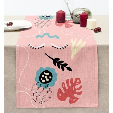 Pembe Zemin Onedraw Temalı Dekoratif Dikişli Şönil Runner