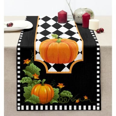 Siyah Zemin Kabak Motifli Dekoratif Dikişli Şönil Runner