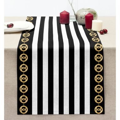 Siyah Beyaz Çizgili Özel Tasarım Dikişli Şönil Runner