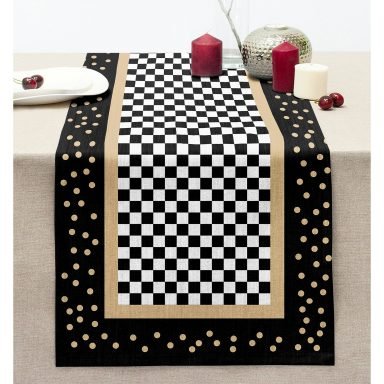 Siyah Dama Motifli Dijital Baskılı Dikişli Şönil Runner