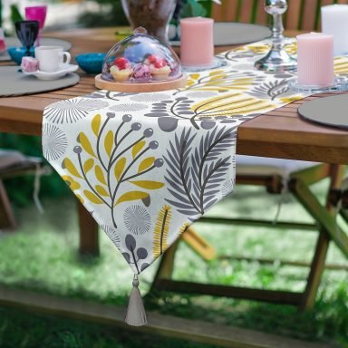 Sanatsal Tropik Yaprak Motifli Dekoratif Püsküllü Şönil Üçgen Runner