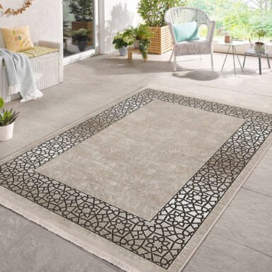 Krem Zeminde Osmanlı Motifli Art Deco Desenli Geometrik Avangarde Salon & Oturma Odası Koridor & Antre Dijital Baskılı Makinede Yıkanabilir Kaymaz Taban Saçaklı Halı