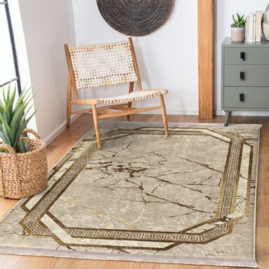 Krem Zeminde Çerçeve Motifli Mermer Desenli Klasik Avangarde Salon & Oturma Odası Koridor & Antre Dijital Baskılı Makinede Yıkanabilir Kaymaz Taban Saçaklı Halı