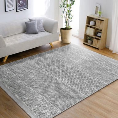 Gri Zeminde Etnik Motifli Geleneksel Desenli Geometrik Klasik Koridor & Antre Salon & Oturma Odası Dijital Baskılı Makinede Yıkanabilir Kaymaz Taban Saçaklı Halı