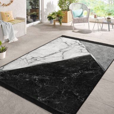 Siyah - Gri Zeminde Mermer Motifli Klasik Desenli Geometrik Sade & Şık Banyo Yatak Odası Dijital Baskılı Makinede Yıkanabilir Kaymaz Taban Saçaklı Halı