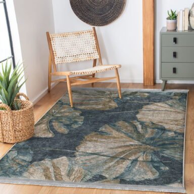 Mavi Zeminde Yağlı Boya Motifli Çiçek Desenli Floral Sade & Şık Dış Mekan & Outdoor Mutfak Dijital Baskılı Makinede Yıkanabilir Kaymaz Taban Saçaklı Halı