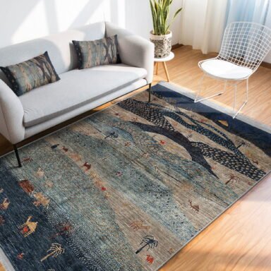 Lacivert Zeminde Antik Motifli Geleneksel Desenli Vintage Etnik Motifler Salon & Oturma Odası Dış Mekan & Outdoor Dijital Baskılı Makinede Yıkanabilir Kaymaz Taban Saçaklı Halı