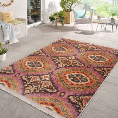 Pembe Zeminde İkat Motifli Yöresel Desenli Avangarde Vintage Salon & Oturma Odası Dış Mekan & Outdoor Dijital Baskılı Makinede Yıkanabilir Kaymaz Taban Saçaklı Halı