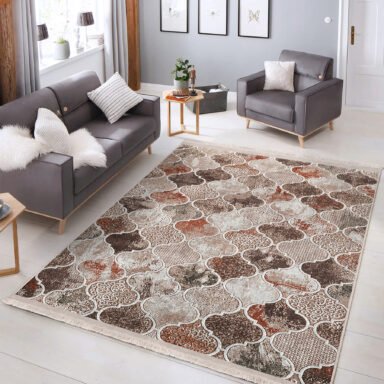 Kahverengi Zeminde Morrocan Motifli Yöresel Desenli Geometrik Klasik Koridor & Antre Salon & Oturma Odası Dijital Baskılı Makinede Yıkanabilir Kaymaz Taban Saçaklı Halı