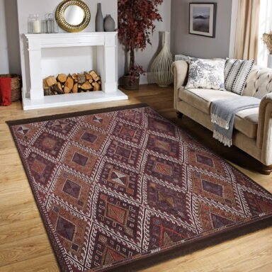 Kahverengi Zeminde Kilim Motifli Anadolu Desenli Avangarde Geometrik Salon & Oturma Odası Koridor & Antre Dijital Baskılı Makinede Yıkanabilir Kaymaz Taban Saçaklı Halı