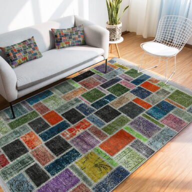 Kırkyama Zeminde Patchwork Motifli Geleneksel Desenli Vintage Klasik Salon & Oturma Odası Yatak Odası Dijital Baskılı Makinede Yıkanabilir Kaymaz Taban Saçaklı Halı