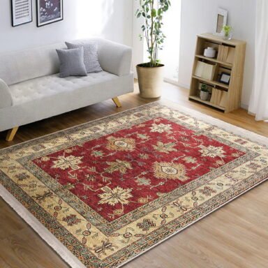 Kırmızı Zeminde Geleneksel Motifli Etnik Desenli Avangarde Vintage Koridor & Antre Salon & Oturma Odası Dijital Baskılı Makinede Yıkanabilir Kaymaz Taban Saçaklı Halı