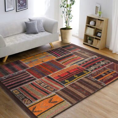 Kırmızı Zeminde Patchwork Motifli Etnik Desenli Vintage Klasik Salon & Oturma Odası Yatak Odası Dijital Baskılı Makinede Yıkanabilir Kaymaz Taban Saçaklı Halı