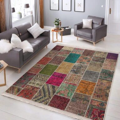 Kırkyama Zeminde Etnik Motifli Patchwork Desenli Vintage Etnik Motifler Salon & Oturma Odası Yatak Odası Dijital Baskılı Makinede Yıkanabilir Kaymaz Taban Saçaklı Halı