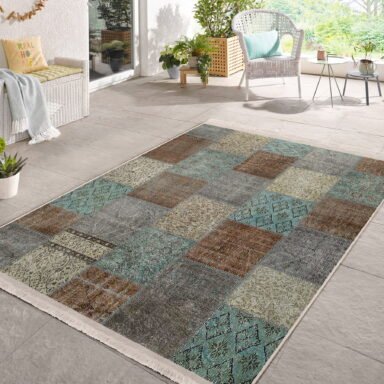 Krem Zeminde Kırkyama Motifli Patchwork Desenli Vintage Sade & Şık Salon & Oturma Odası Yatak Odası Dijital Baskılı Makinede Yıkanabilir Kaymaz Taban Saçaklı Halı