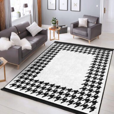 Siyah - Beyaz Zeminde Kazayağı Motifli Klasik Desenli Geometrik Klasik Salon & Oturma Odası Ofis Dijital Baskılı Makinede Yıkanabilir Kaymaz Taban Saçaklı Halı
