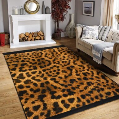 Siyah - Turuncu Zeminde Leopar Motifli Kürk Desenli Sade & Şık Klasik Dış Mekan & Outdoor Salon & Oturma Odası Dijital Baskılı Makinede Yıkanabilir Kaymaz Taban Saçaklı Halı