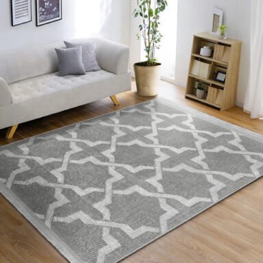 Gri Zeminde Geometrik Motifli Mozaik Desenli Geometrik Sade & Şık Salon & Oturma Odası Ofis Dijital Baskılı Makinede Yıkanabilir Kaymaz Taban Saçaklı Halı