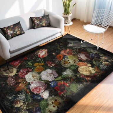 Siyah Zeminde Çiçek Motifli Yapraklar Desenli Floral Klasik Mutfak Salon & Oturma Odası Dijital Baskılı Makinede Yıkanabilir Kaymaz Taban Saçaklı Halı