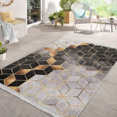 Siyah - Gold Zeminde Geometrik Motifli Mozaik Desenli Geometrik Sade & Şık Salon & Oturma Odası Koridor & Antre Dijital Baskılı Makinede Yıkanabilir Kaymaz Taban Saçaklı Halı