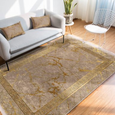 Gold Zeminde Çerçeveli Motifli Geleneksel Desenli Geometrik Klasik Salon & Oturma Odası Yatak Odası Dijital Baskılı Makinede Yıkanabilir Kaymaz Taban Saçaklı Halı