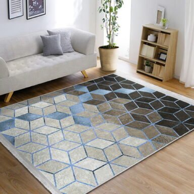 Siyah - Mavi Zeminde Geometrik Motifli Mozaik Desenli Geometrik Klasik Salon & Oturma Odası Koridor & Antre Dijital Baskılı Makinede Yıkanabilir Kaymaz Taban Saçaklı Halı