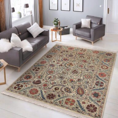 Krem Zeminde Hereke Motifli Kilim Desenli Etnik Motifler Avangarde Salon & Oturma Odası Koridor & Antre Dijital Baskılı Makinede Yıkanabilir Kaymaz Taban Saçaklı Halı