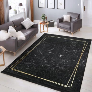 Siyah - Gold Zeminde Çerçeveli Motifli Mermer Desenli Sade & Şık Geometrik Salon & Oturma Odası Yatak Odası Dijital Baskılı Makinede Yıkanabilir Kaymaz Taban Saçaklı Halı