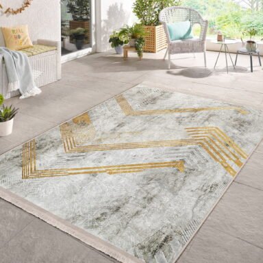 Gold - Gri Zeminde Eskitme Motifli Geometrik Desenli Geometrik Eskitme Motifli Salon & Oturma Odası Dış Mekan & Outdoor Dijital Baskılı Makinede Yıkanabilir Kaymaz Taban Saçaklı Halı