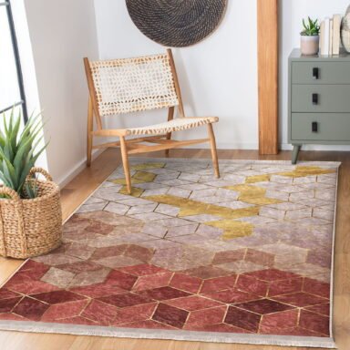 Kremit - Gold Zeminde Mozaik Motifli Geometrik Desenli Geometrik Sade & Şık Salon & Oturma Odası Banyo Dijital Baskılı Makinede Yıkanabilir Kaymaz Taban Saçaklı Halı