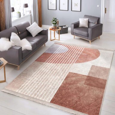 Kremit Zeminde Çizgili Motifli Geometrik Desenli Geometrik Klasik Salon & Oturma Odası Yatak Odası Dijital Baskılı Makinede Yıkanabilir Kaymaz Taban Saçaklı Halı